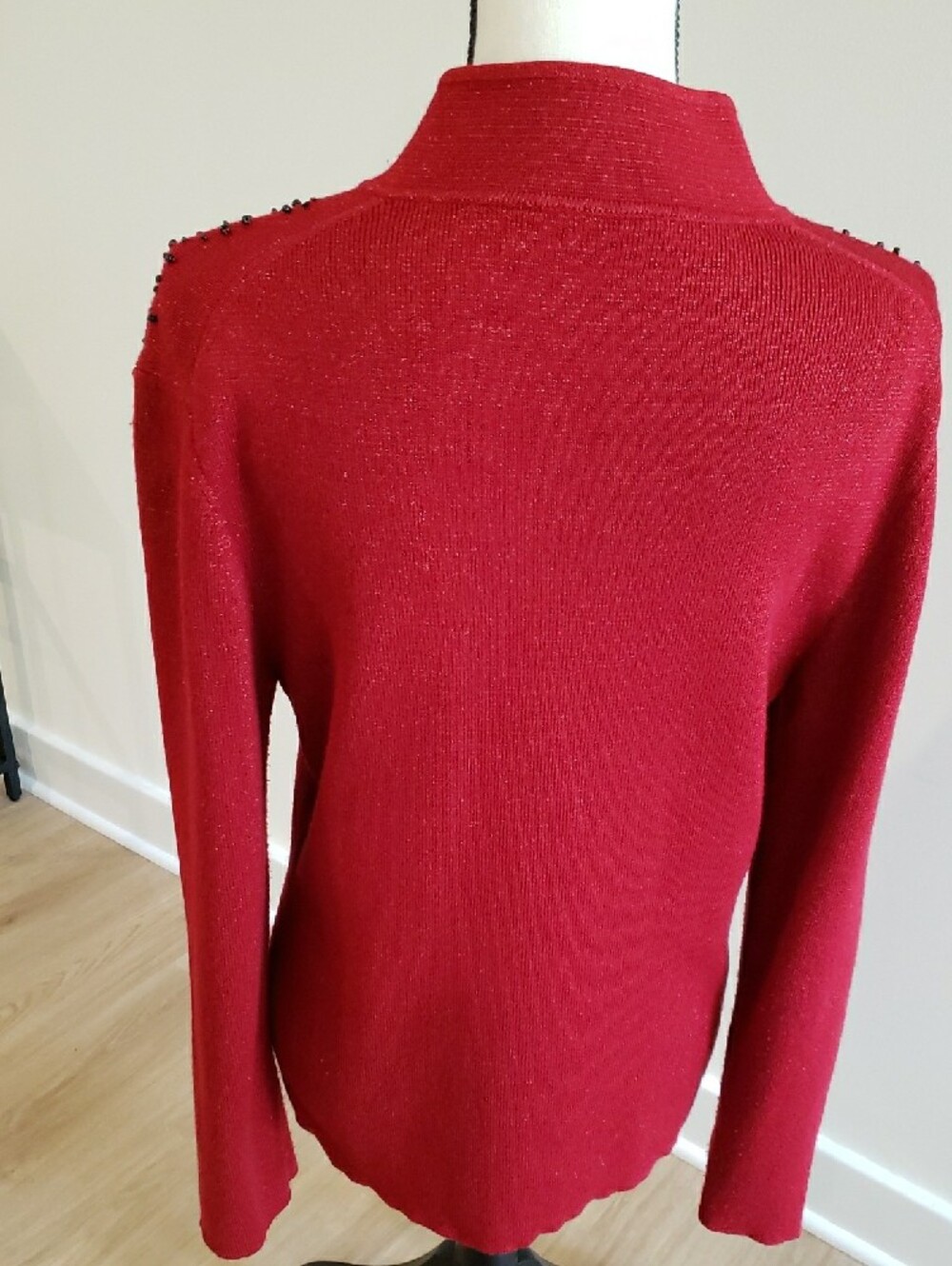 Red Knit Sweater with Black Bead Embellishments Sparkle Glimmer Fabric - Picture 3 of 6